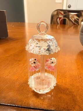 Crystal Birds In Birdcage Figurine, Etched Mark On The Bottom